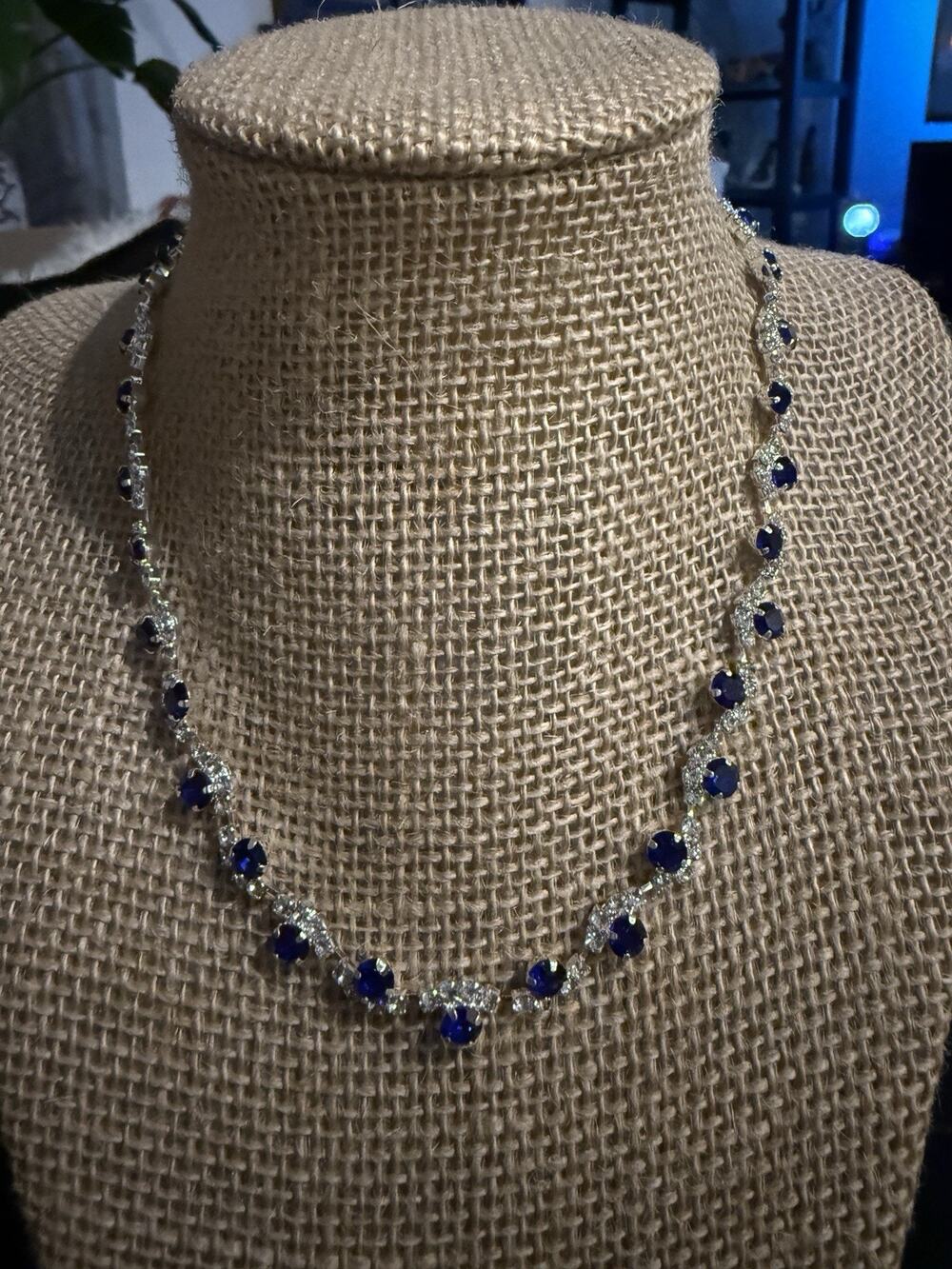 Crystal Simulated Blue Sapphire Rhinestone Necklace Costume Jewelry